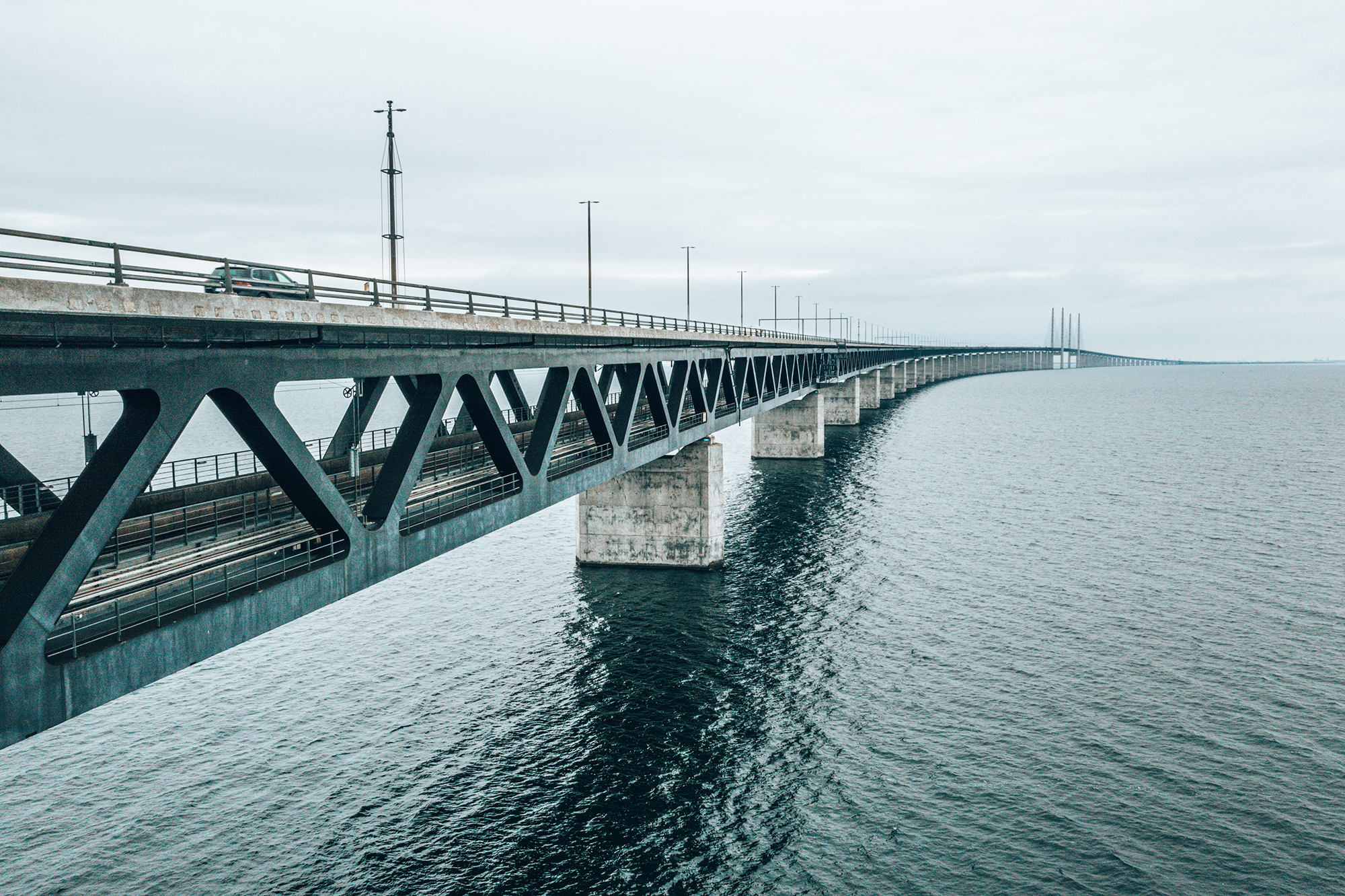An aerial view of the bridge between Denmark and Sweden